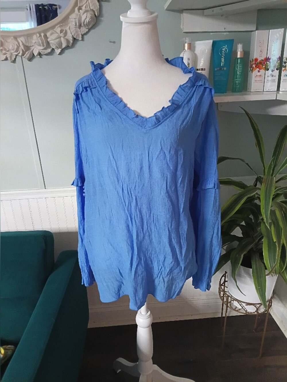 Counterparts Ruffled V-Neck Tunic Top - Blue